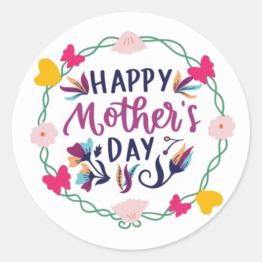 Happy Moederdag met bloem en vlinder Ronde Sticker (Voorkant)