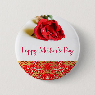 Happy Moederdag met een enkele rode roodroos Ronde Button 5,7 Cm