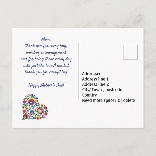 Happy Moederdag met Folklore Heart-tekst Briefkaart (Achterkant)