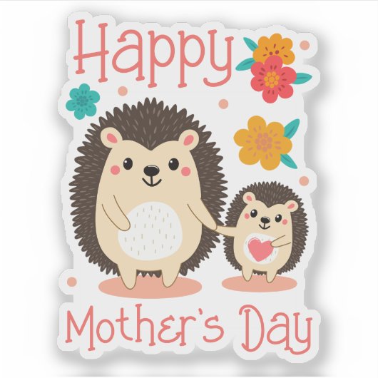 Happy Moederdag Mom en Baby Hedgehog Sticker (Voorkant)