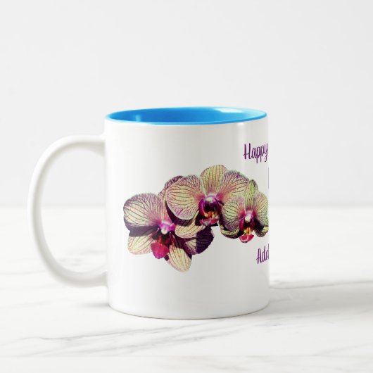Happy Moederdag Orchid Flower gepersonaliseerd Tweekleurige Koffiemok (Links)