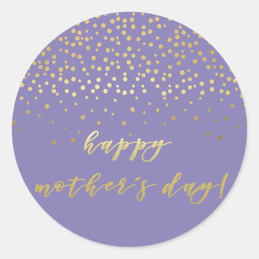 Happy Moederdag, Paars Gold Script en Confetti Ronde Sticker (Voorkant)