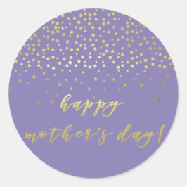 Happy Moederdag, Paars Gold Script en Confetti Ronde Sticker