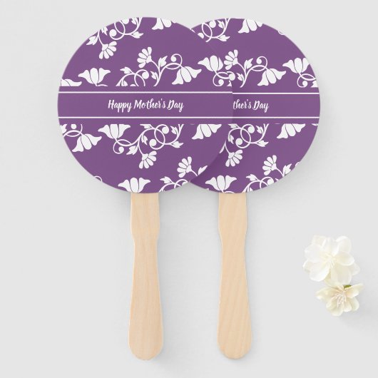 Happy Moederdag Paarse en witte bloemenpatroon Handwaaier (Voorkant en achterkant)