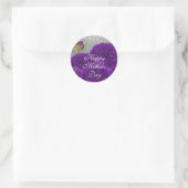Happy Moederdag Paarse Rozen op Silver Glitter Ronde Sticker (Tas)