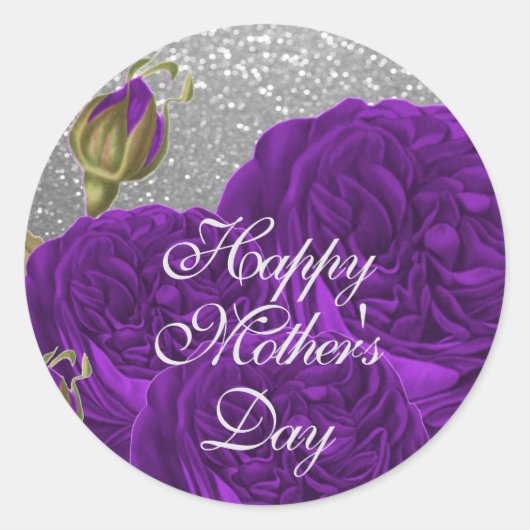 Happy Moederdag Paarse Rozen op Silver Glitter Ronde Sticker (Voorkant)
