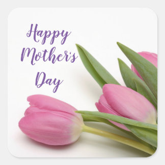 Happy Moederdag Paarse Script roze Tulieren Vierkante Sticker