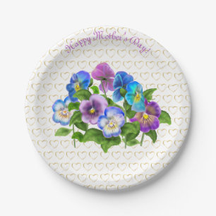 Happy Moederdag Pansy Violet Flowers Waterverf Papieren Bordje