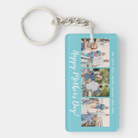 Happy Moederdag Photo Collage Custom Aqua Blue Sleutelhanger (Voorkant)
