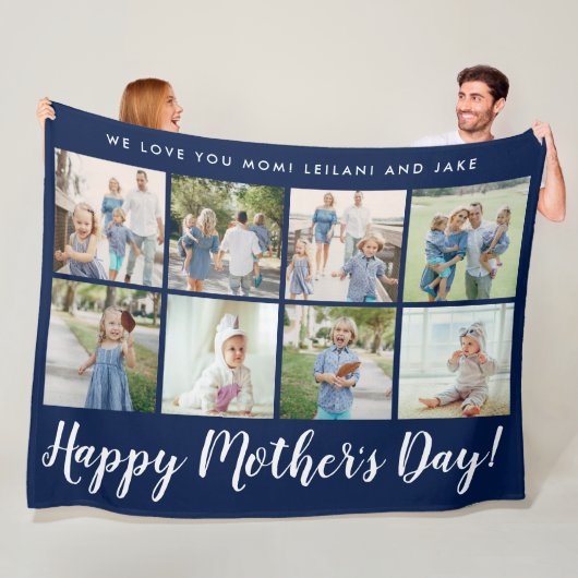 Happy Moederdag Photo Collage Message Navy Blue Fleece Deken (In situ)