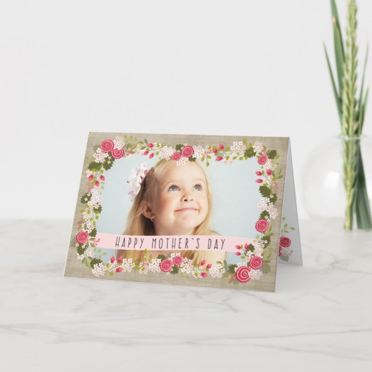 Happy Moederdag Photo Floral Burlap Card Kaart (Voorkant)