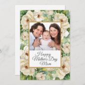 Happy Moederdag Photo Floral Gold Name Script Feestdagenkaart (Voorkant / Achterkant)