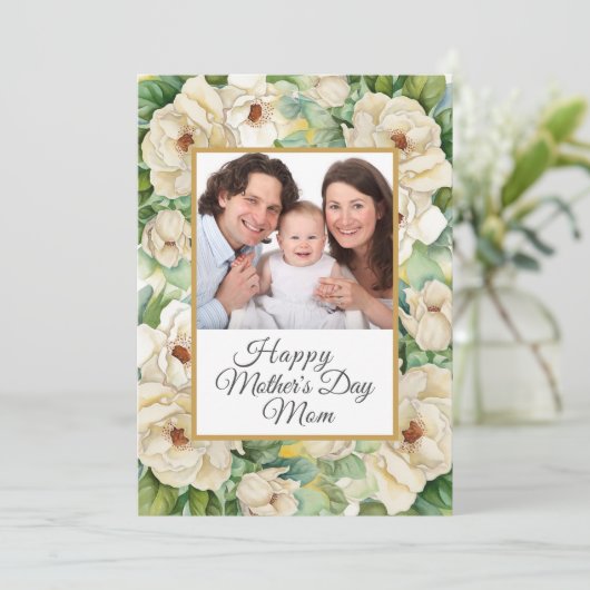 Happy Moederdag Photo Floral Gold Name Script Feestdagenkaart (Staand voorkant)