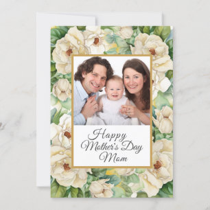 Happy Moederdag Photo Floral Gold Name Script Feestdagenkaart