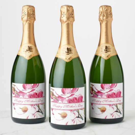 Happy Moederdag Pink Floral script Sparkling Wijnetiket (Flessen)