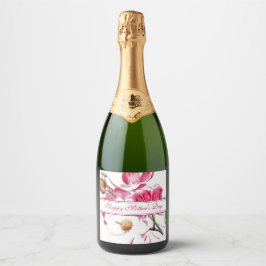 Happy Moederdag Pink Floral script Sparkling Wijnetiket