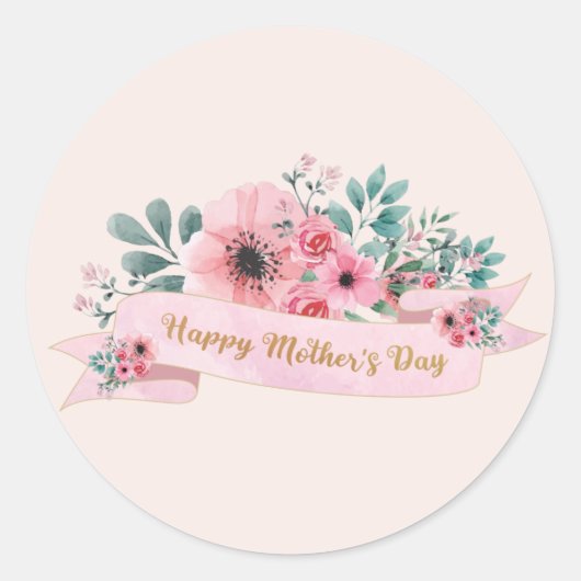 Happy Moederdag Pink Floral Waterverf Ronde Sticker (Voorkant)