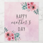 Happy Moederdag Pink Floral Waterverf Wijn Etiket (Enkel label)