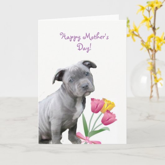 Happy Moederdag Pitbull puppykaart Kaart (Gele Bloem)