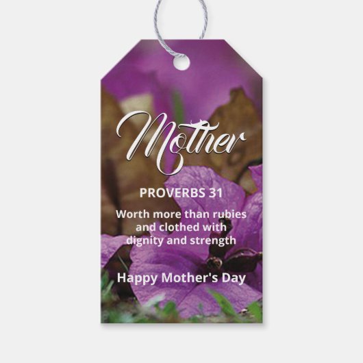 HAPPY MOEDERDAG Proverbs 31 Paarse Floral Cadeaulabel (Voorkant)
