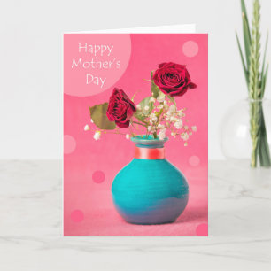 Happy Moederdag Red Roses in Blue Vase op Roze Feestdagen Kaart