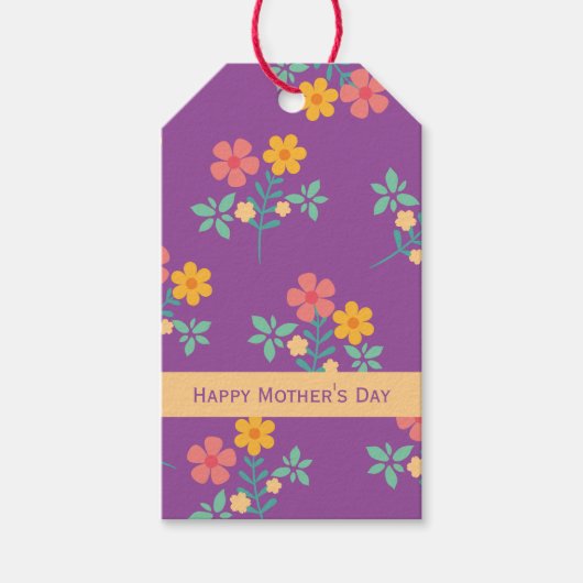 Happy Moederdag Retro Daisy Bouquet in Paars Cadeaulabel (Voorkant)