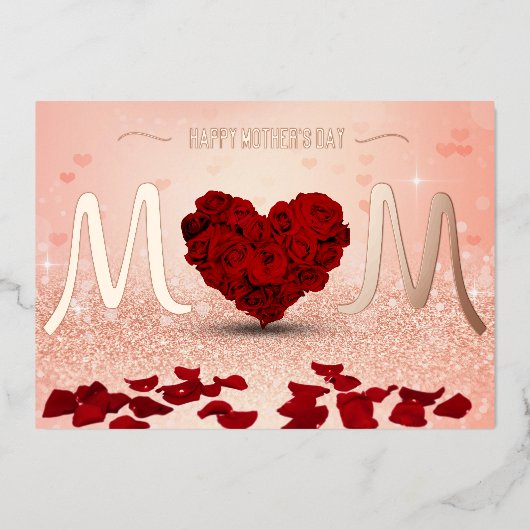 Happy Moederdag Roos Heart Bouquet Folie Feestdagenkaart (Voorkant)