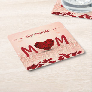 Happy Moederdag Roos Heart Bouquet Kartonnen Onderzetters