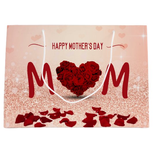 Happy Moederdag Roos Heart Bouquet Large Cadeautasje (Voorkant)