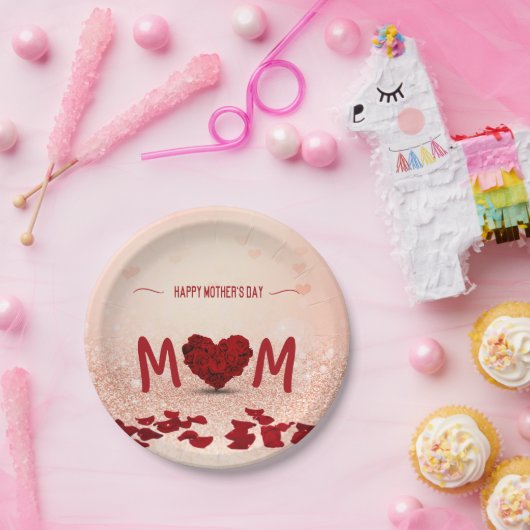 Happy Moederdag Roos Heart Bouquet Papieren Bordje (Feest)