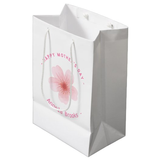 Happy Moederdag roze bloem wit Medium Cadeauzakje (Voorkant Gekanteld)