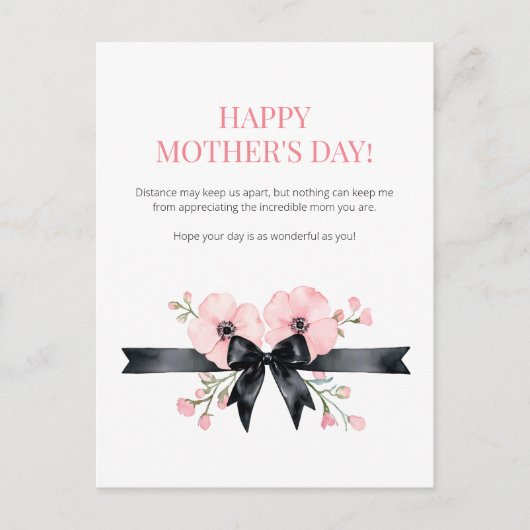 Happy Moederdag Roze Bloemen Zwart Bow Beste Mama Feestdagenkaart (Voorkant)