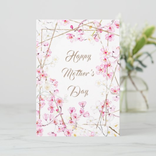 happy moederdag roze cherry blossom card kaart (Staand voorkant)