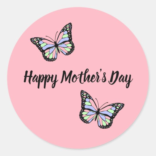 Happy Moederdag Roze en Black Butterflies Ronde Sticker (Voorkant)