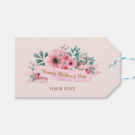 Happy Moederdag | Roze en groene Floral Cadeaulabel (Voorkant (Horizontaal))