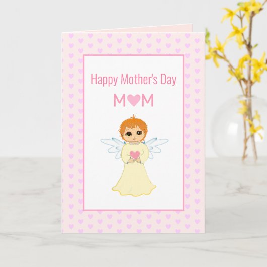 Happy Moederdag, roze harten en engel Kaart (Gele Bloem)
