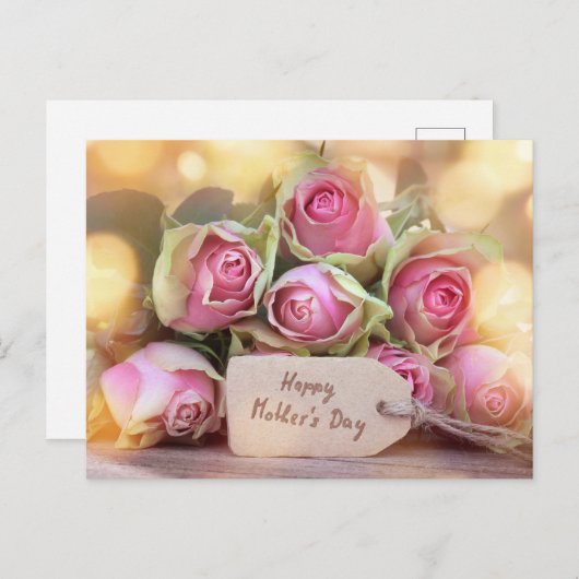 Happy Moederdag roze Roses Briefkaart (Voorkant / Achterkant)