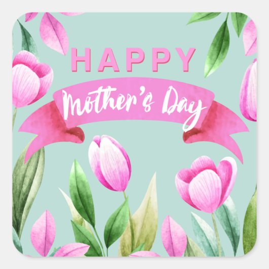 Happy moederdag roze tulpen banner vierkante sticker (Voorkant)