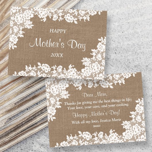 Happy Moederdag | Rustic Burlap & White Lace Kaart