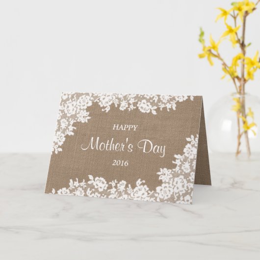 Happy Moederdag | Rustic Burlap & White Lace Kaart (Gele Bloem)