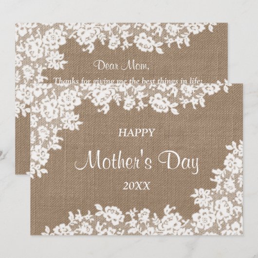 Happy Moederdag | Rustic Burlap & White Lace Kaart (Voorkant / Achterkant)
