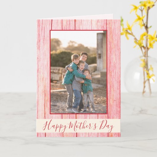 Happy Moederdag Rustic Red Wood foto Kaart (Gele Bloem)