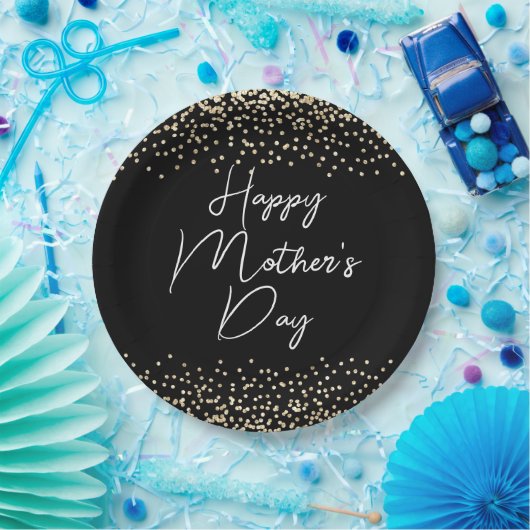 Happy Moederdag Script Zwart en Goud Glitter Papieren Bordje (Feest)