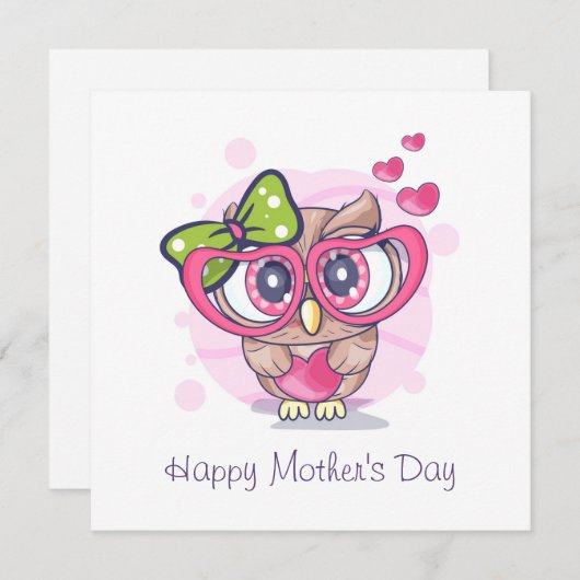 Happy Moederdag Uil Roze Liefdesharten Feestdagenkaart (Voorkant / Achterkant)