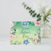 Happy Moederdag Waterverf Roze, Blue Flowers Briefkaart (Staand voorkant)