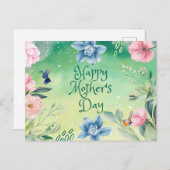 Happy Moederdag Waterverf Roze, Blue Flowers Briefkaart (Voorkant / Achterkant)