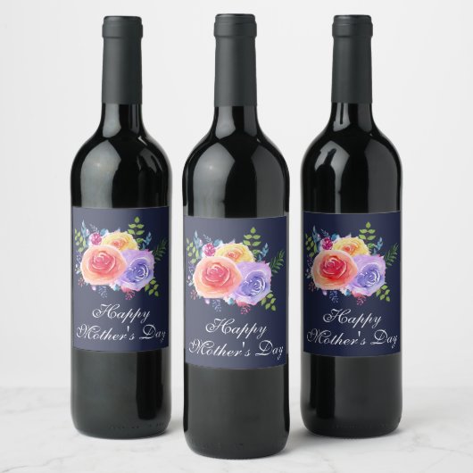 Happy Moederdag Waterverf Rozen Bouquet Wijn Etiket (Flessen)