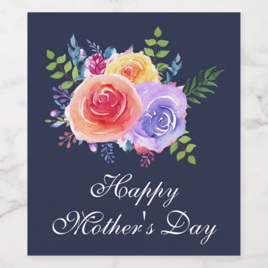 Happy Moederdag Waterverf Rozen Bouquet Wijn Etiket (Enkel label)