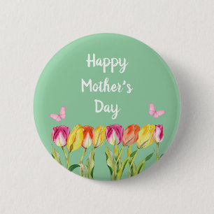 Happy Moederdag waterverf Tulps butterflies  Ronde Button 5,7 Cm