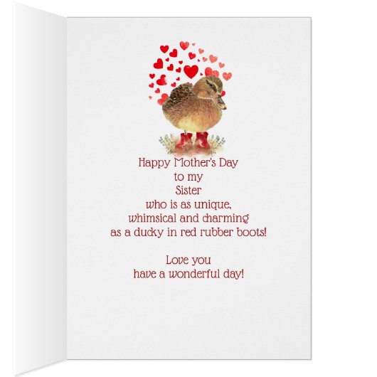 Happy Moederdag, zuster Cute Duck Red Boots (Binnen (Rechts))